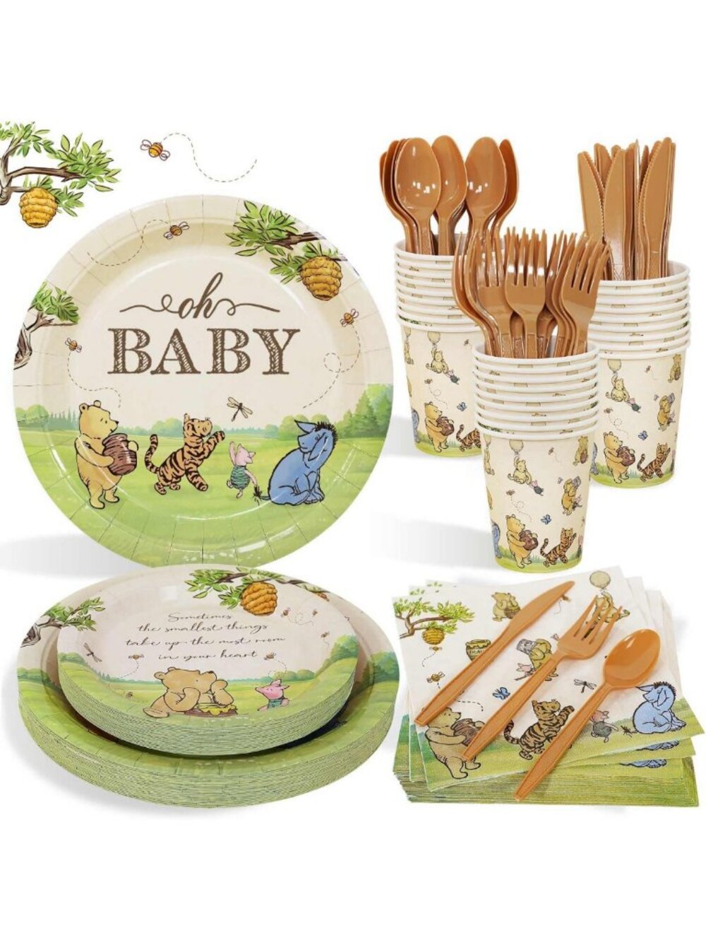 175Pcs Vintage Winnie Bear Baby Shower Set - Plates, Napkins, Cutlery for 25